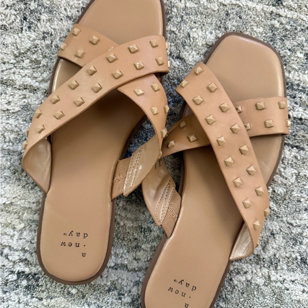 A New Day Tan Studded Crisscross Slide Sandals